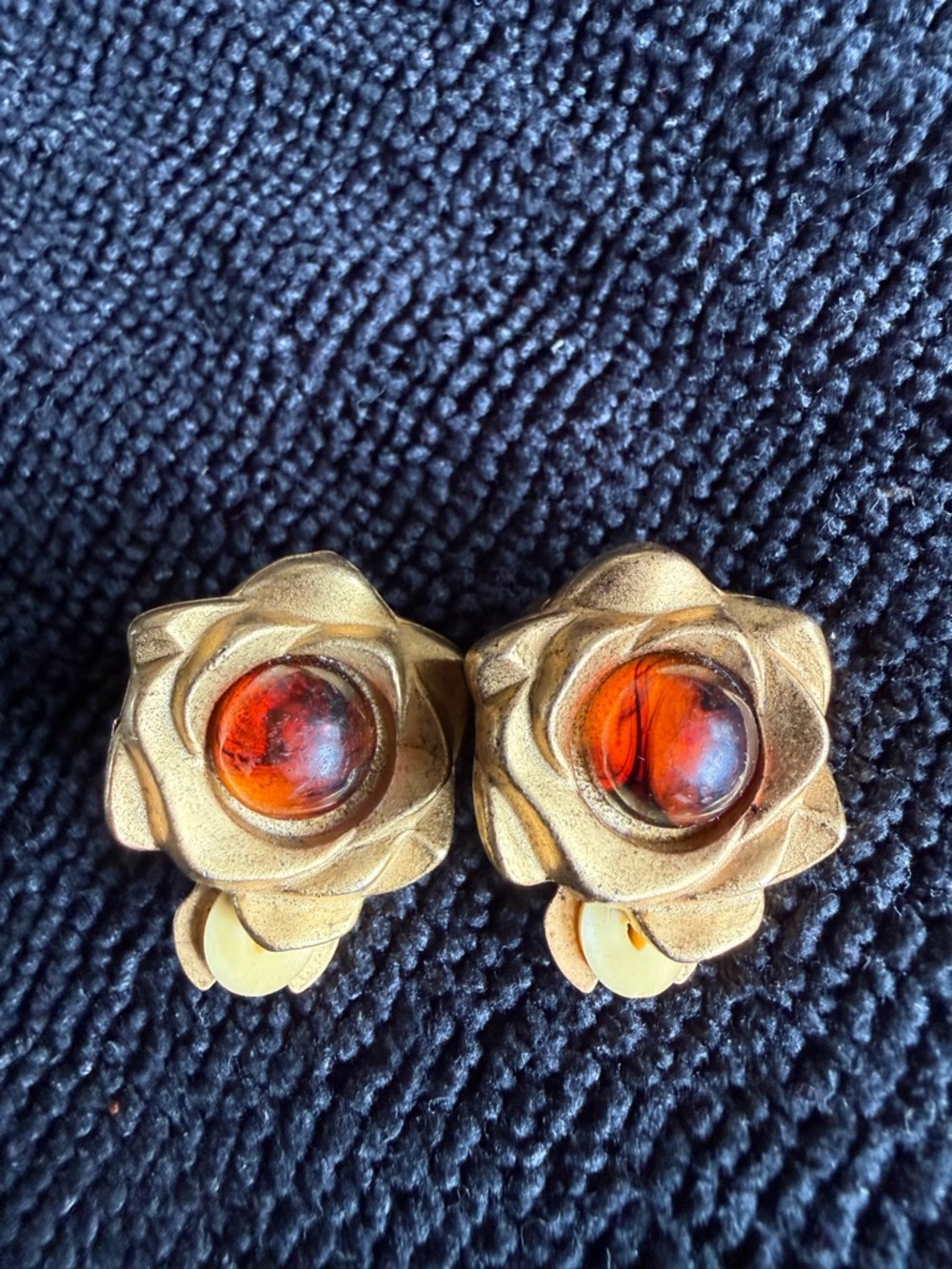 Vintage Gold Tone Flower Clip-On Earrings with Amber Cabochon